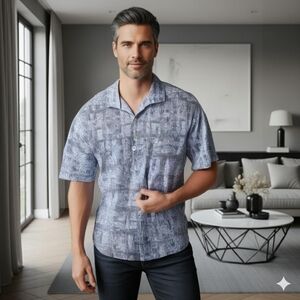 Bugatchi Classic Fit Men's Blue And Black Patterned Short Sleeve Shirt (SH-15)